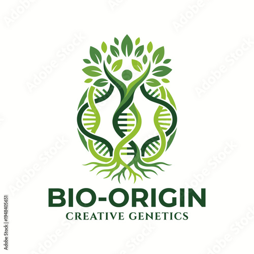 A logo for Bio-Origin featuring roots and DNA helix, symbolizing the connection between nature and genetics, perfect for biotech and genetic research branding.