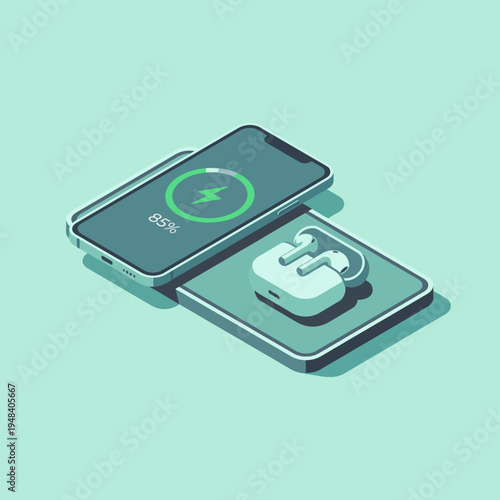 The image demonstrates a modern smartphone and wireless earbuds charging on a minimalistic surface, emphasizing the convenience of tech integration in daily life.