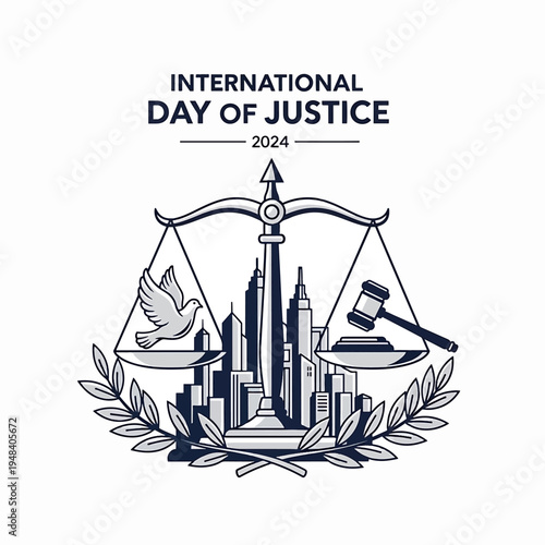 Scales of Justice with Cityscape, gavel, dove and laurel for International Day of Justice 2024