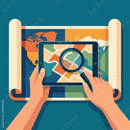 The image showcases a user engaging with a digital map displayed on a tablet, alongside a traditional map, highlighting the merging of technology and navigation.