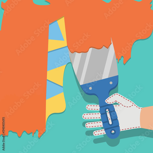 This image illustrates a paint scraper removing layers of color from a wall, symbolizing renovation and the restoration of spaces with vibrant hues and creativity.