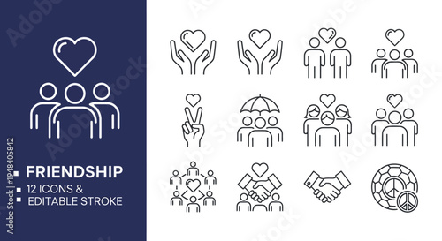 A diverse collection of vector outline icons illustrating the profound essence of human connection, unity, and mutual support, symbolizing genuine friendships and community bonds