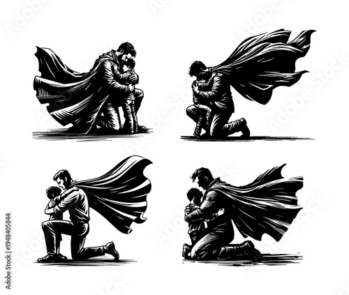 Heroic father in cape kneeling to hug son vector illustration