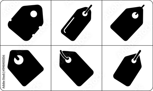 A set of six black price tags in silhouette mode on a clean white background, showcasing various shapes and forms.