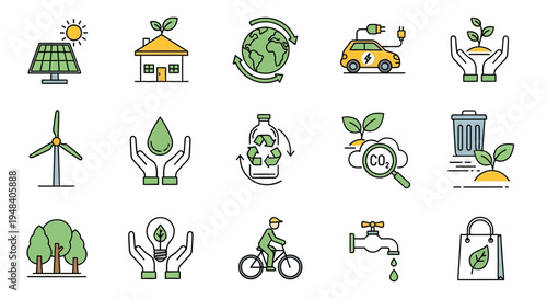 Modern vector illustrations representing a diverse concept of environmental sustainability, showcasing clean energy, eco-friendly living, and nature conservation