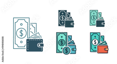 Collection of wallet and money icons representing financial transactions and currency exchange concepts