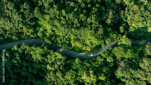 Canvastavla Aerial view of a winding road cutting through dense tropical forest representing sustainable transport, green economy and ESG investment concept