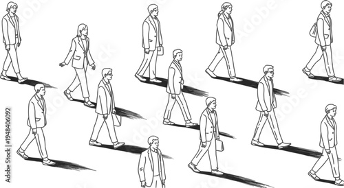 Professional business people walking in suits with shadows vector set featuring men and women characters for corporate office lifestyle design.