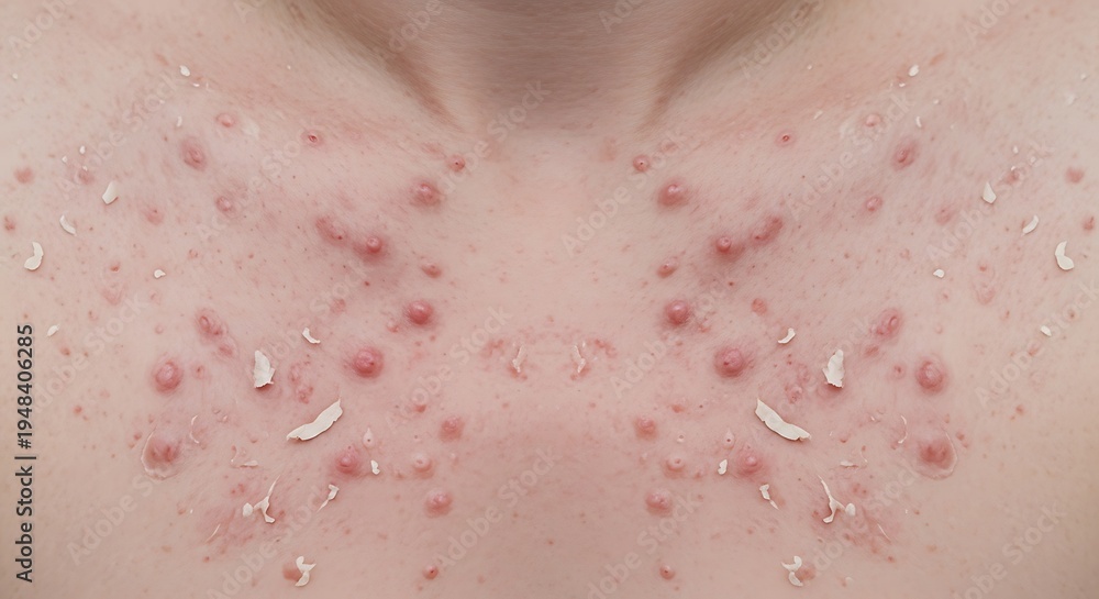 Fototapeta premium A close up view of severe acne breakouts on a person's chest with skin peeling and inflammation.