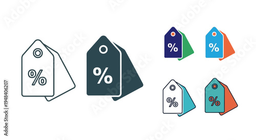 Set of various price tag icons with percentage symbol, including outline and 3D versions for modern e-commerce and retail design