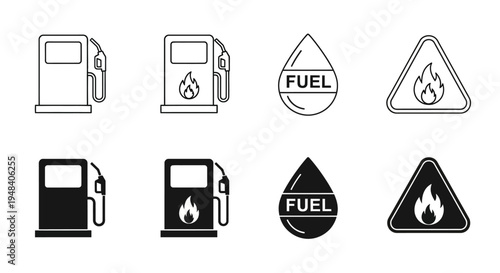 Versatile Collection of Fuel and Energy Icons Outline and Solid Vector Symbols for Gas Pumps, Fuel Drops, and Flammable Warnings