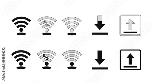 Comprehensive vector icon set illustrating various wireless network signals, data transfer operations, and digital connectivity symbols for interface design