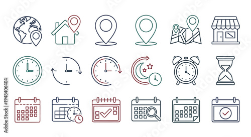 Collection of icons representing time management, scheduling, planning, and organization for business or personal use