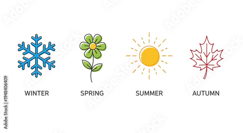 Four Seasons Icons Representing Winter, Spring, Summer, and Autumn with a Snowflake, Flower, Sun, and Maple Leaf