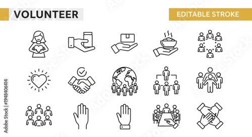 Volunteering and community service icons representing helping hands, teamwork, global cooperation, and support initiatives for a better society