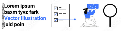 Task organization, software coding, workflow management, debugging, analysis, productivity. Checklist with checkboxes, programmer coding magnifying glass. Task organization and software coding
