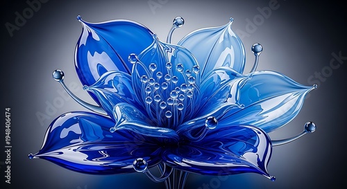 Blue Flower Elegance: A captivating display of intricate craftsmanship, a vibrant blue flower blooms with delicate glass petals and sparkling dew drops.