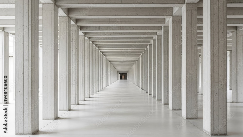 Fototapeta premium A long, empty corridor with white concrete pillars and beams