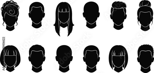 Collection of diverse human head silhouettes featuring various hairstyles for men and women used for profile avatars and social media.