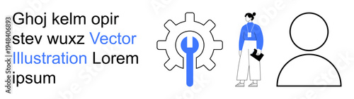 Business processes, teamwork, human resources, industry tools, workforce management, automation. Gear and wrench with a human figure and silhouette. Teamwork and industry tools concept