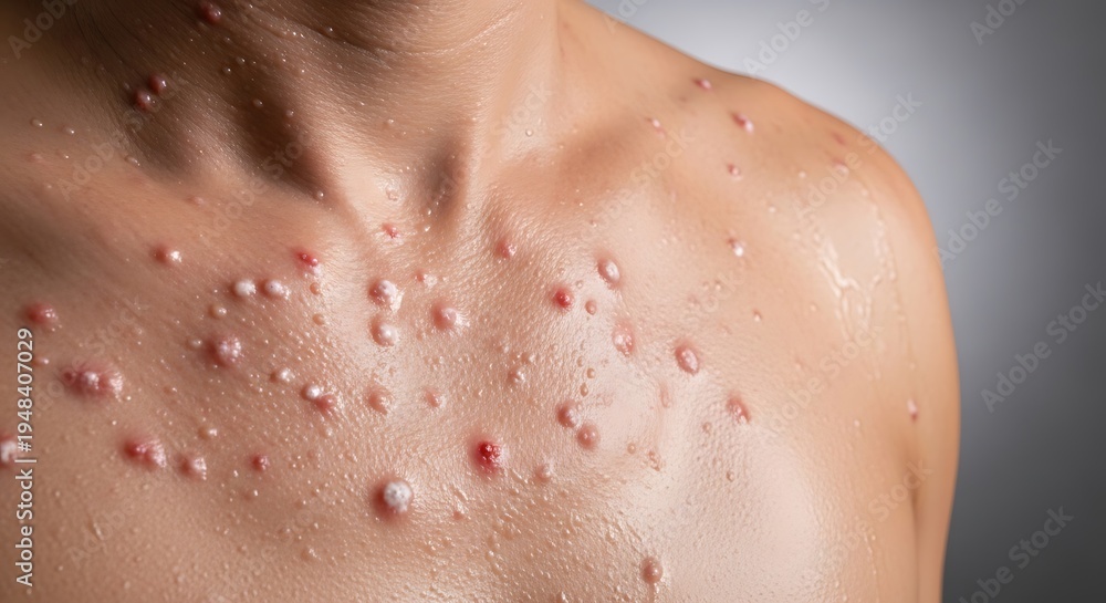Fototapeta premium A close-up view of a human torso covered in painful red skin lesions and blisters from a viral rash
