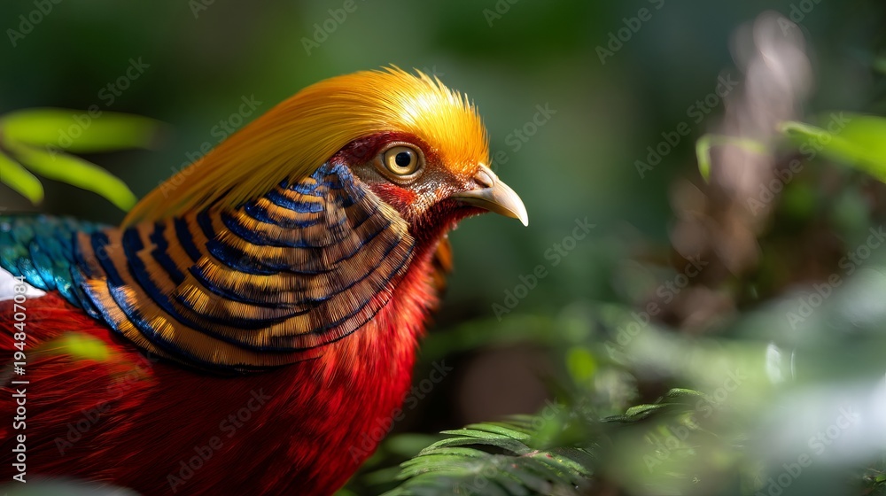 Fototapeta premium Close-Up of a Golden Pheasant Showcasing Its Vibrant Colors and Detailed Feathers
