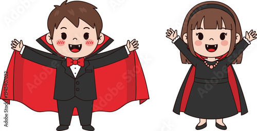 Cute cartoon vampire children characters, little boy and girl in dracula costumes, happy halloween kids celebration, spooky gothic vector illustration.