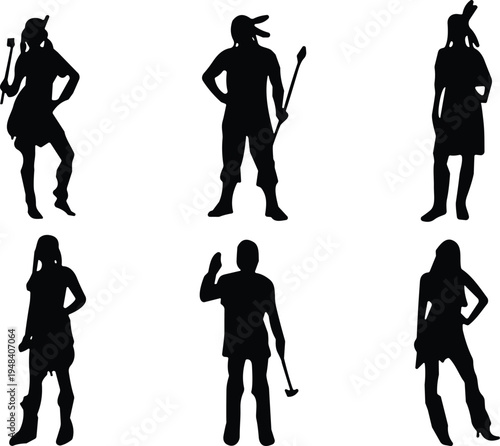 Collection of six Native American silhouettes in traditional tribal clothing holding spears and tools, black vector illustration isolated on white.