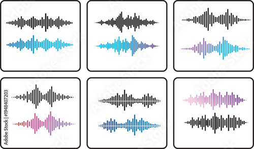 Sound wave visualizations  Collection of colorful and monochrome  on a white background