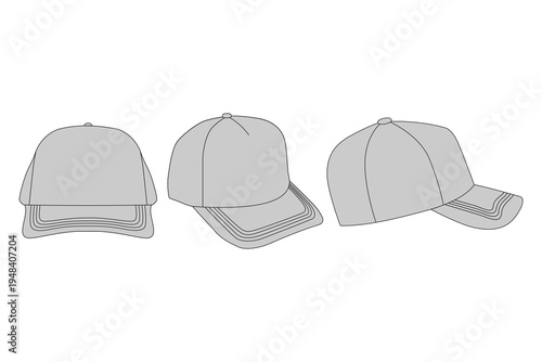 Baseball cap front, side, and three-quarter angles blank vector mockup template for custom merchandise design, streetwear branding, and apparel tech packs.