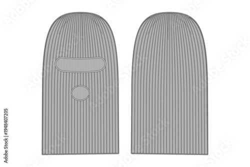 Balaclava ski mask front and back view ribbed knit blank mockup vector template for streetwear fashion tech packs and custom apparel design