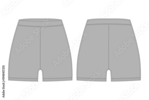 Biker shorts front and back view, high waisted women's activewear blank vector mockup template for fashion tech packs, clothing design, and custom apparel presentation.