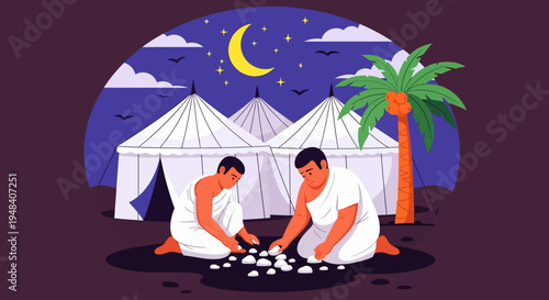 People sit around a fire outside tents under a crescent moon and palm tree at night