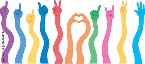Diverse hands in various gestures conveying positivity and connection, illustrated