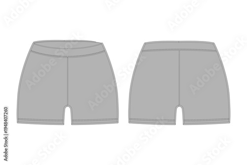 High-waisted boy shorts front and back view blank technical sketch mockup. Vector template for activewear tech packs, fashion illustration, and custom apparel design.