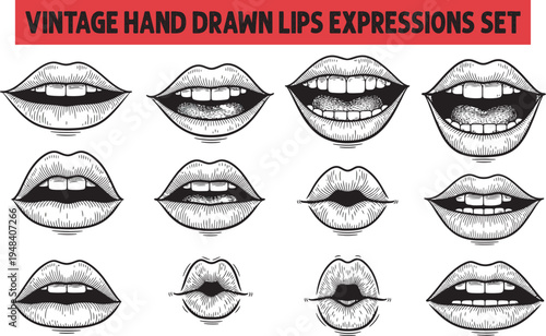 Vintage Hand-Drawn Lips Illustrations Capturing a Range of Human Facial Expressions and Moods