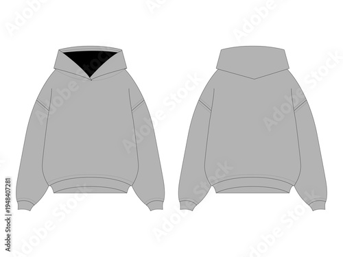 Oversized hoodie front and back view, blank grey drop shoulder pullover vector mockup template for tech packs and print on demand