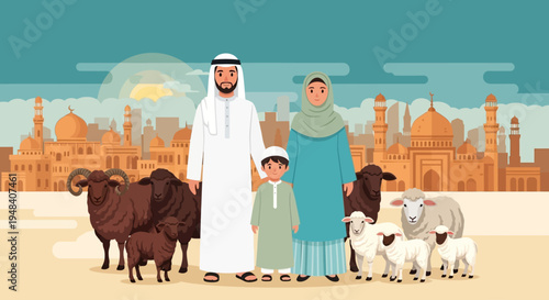 A family stands with animals in front of a cityscape at sunset wearing traditional clothing