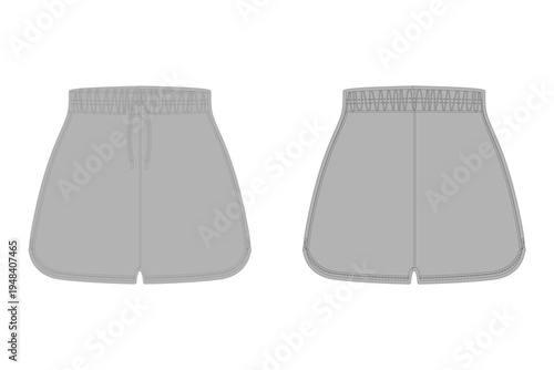 Dolphin shorts with elastic waistband and drawstring, front and back view technical flat sketch vector mockup template for apparel design and tech packs.