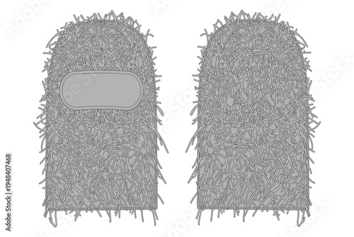 Balaclava ski mask front and back view with distressed hairy texture Vector mockup template for streetwear fashion tech packs and custom apparel design.