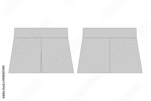 A-line mini skirt with wide waistband and front pleat front and back view vector fashion mockup template for tech packs and apparel design