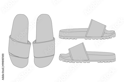 Slide sandals top and side views, blank casual footwear vector fashion mockup template for custom merchandise design