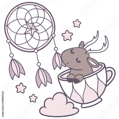 Dreamland colored Moose with a Grumpy touch, placed in a Fantasy dream theme and styled with in a teacup