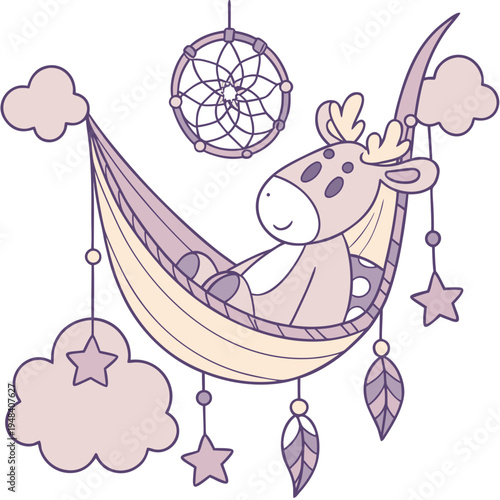 Cute SVG of a Cheerful Moose in Dreamland colors, featuring in a hammock in a Fantasy dream setting