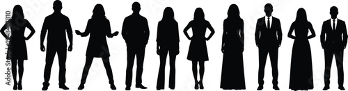 Diverse Group of Professional Men and Women Silhouettes Standing in Row for Business Teamwork, Leadership, Community, and Inclusive Corporate Success