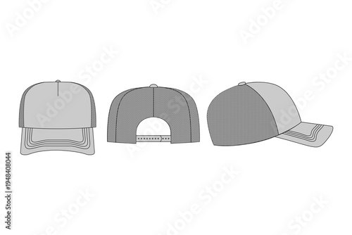 Trucker hat front, back, and side views blank mesh snapback vector mockup template for custom merchandise and apparel design.