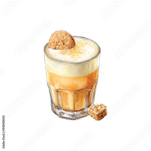 Watercolor vector illustration iced cappuccino in a cup with cake as a garnish, white background
