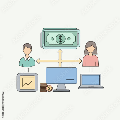 Business people exchanging money digitally online.