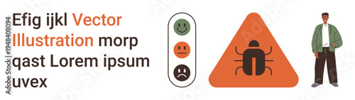 Cybersecurity, risk assessment, safety protocols, online threats, user feedback, data security. Visual elements include warning sign with bug symbol, emotion rating scale, and a standing figure