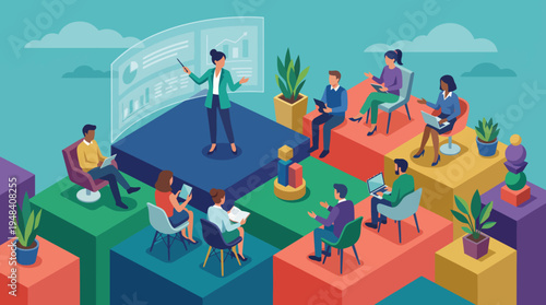 A professional presentation scene features a confident speaker engaging an audience, representing themes of collaboration, learning, and modern business communication.